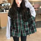 Plaid Panel Hooded Jacket Plaid - Green - One Size