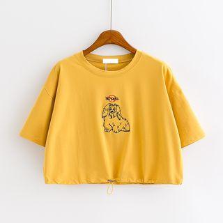 Dog Embroidered Short-sleeve Crop T-shirt