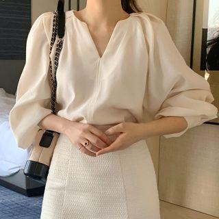Puff-sleeve Chiffon V-neck Shirt