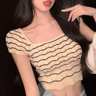 Short Sleeve Striped Knit Top Almond - One Size