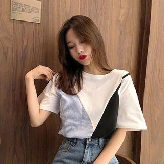 Mock Two-piece Short-sleeve T-shirt Stripes - Blue & White & Black - One Size