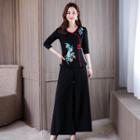 Set: Long-sleeve Embroidered Top + Wide Leg Pants