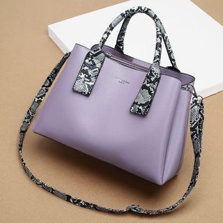 Set: Snake Print Handle Crossbody Bag + Pouch