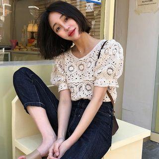 Short-sleeve Pointelle Top Off-white - One Size