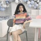 Elbow-sleeve Rainbow Block T-shirt As Shown In Figure - One Size