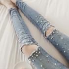 Faux-pearl Distressed Skinny Jeans