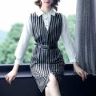 Collared Long-sleeve Striped Mini A-line Dress
