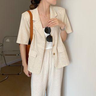 Elbow-sleeve Linen Blazer Beige - One Size