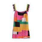 Spaghetti Strap Color Block Knit Mini Dress Geometric Print - Pink & Green & Yellow - One Size