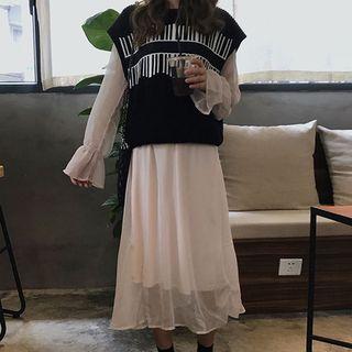 Lace Panel Long-sleeve Midi A-line Dress / Striped Knitted Vest