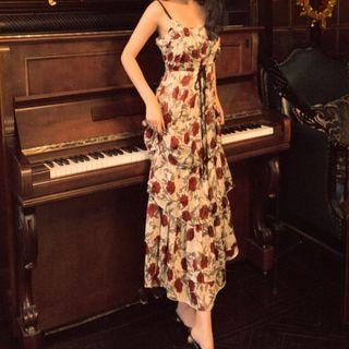 Spaghetti-strap Floral Layered Maxi Dress