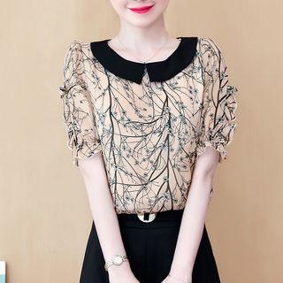 Contrast Collar Floral Short-sleeve Chiffon Blouse