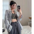 Plain Bralette / Drawcord Wide-leg Pants / Striped Loose Light Shirt