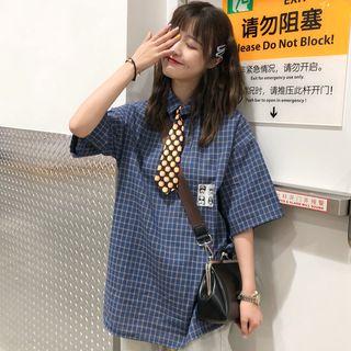 Elbow-sleeve Tagged Plaid Shirt