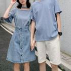 Couple Matching Short-sleeve Striped T-shirt / Shorts / Denim Overall Dress / Set