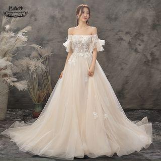 Flower Off-shoulder A-line Wedding Gown