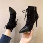 Pointy-toe Panel Lace-up Stiletto Heel Short Boots