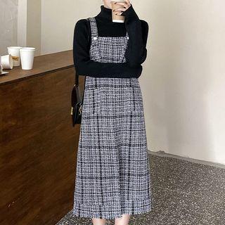 Sweater / Plaid Midi A-line Pinafore Dress / Set