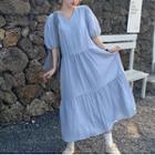 Balloon-sleeve Tiered Maxi A-line Dress Light Blue - One Size