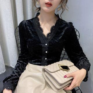 Long-sleeve Lace Trim Button-up Velvet Blouse