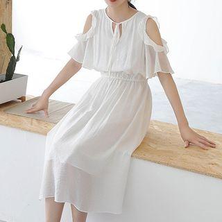 Plain Cut Out Shoulder Elbow Sleeve Midi Dress