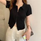 Short-sleeve Zipped Knit Cropped Top