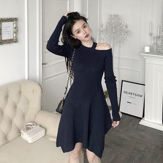 Long-sleeve Cold-shoulder Mini A-line Knit Dress Sapphire Blue - One Size