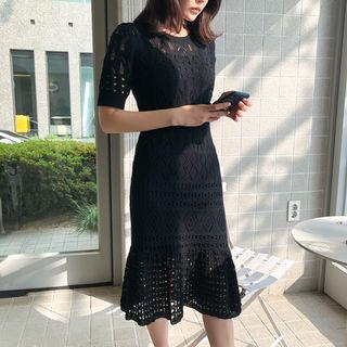 Set: Round-neck Perforated Dress + Spaghetti-strap Dress