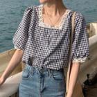 Elbow-sleeve Lace Trim Gingham Buttoned Top