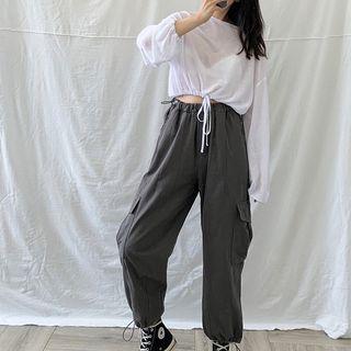 Set: Long-sleeve Drawstring Cropped T-shirt + Cargo Pants