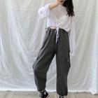 Set: Long-sleeve Drawstring Cropped T-shirt + Cargo Pants