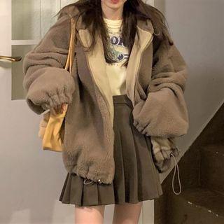 Hooded Drawstring Zip Jacket Khaki - One Size