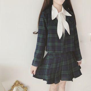 Set: Plaid Cropped Blazer + A-line Mini Pleated Skirt
