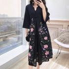 Floral Embroidery Frog-buttoned Long Coat