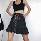 Lace-up Ruffle Hem Denim Mini A-line Skirt