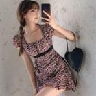 Short-sleeve Leopard Print Lace Trim Mini A-line Dress