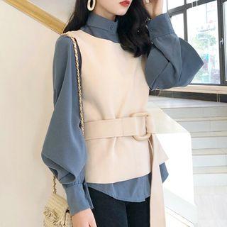 Set: Lantern-sleeve Blouse + Tie Waist Vest