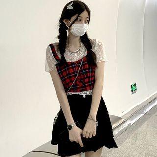 Plaid Button-up Cropped Camisole Top / Short-sleeve Lace Top / Mini Skirt