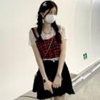 Plaid Button-up Cropped Camisole Top / Short-sleeve Lace Top / Mini Skirt