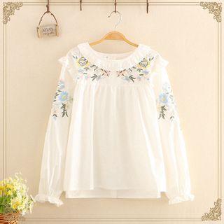 Ruffled Floral Embroidered Long-sleeve Blouse