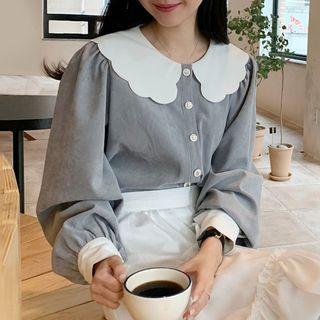 Long-sleeve Contrast Collar Blouse / Maxi A-line Skirt