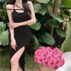 Halter-neck Plain Side-slit Dress