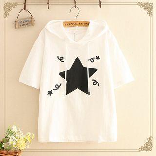 Star Print Hooded Short-sleeve Top