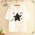 Star Print Hooded Short-sleeve Top