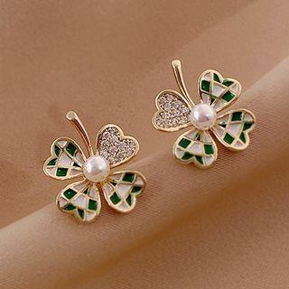 Clover Rhinestone Alloy Earring 1 Pair - Green & Gold - One Size