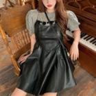 Puff-sleeve Knit Top / Faux Leather Mini A-line Overall Dress