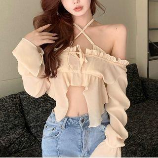 Long-sleeve Off-shoulder Chiffon Crop Top