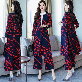 Set: Patterned Open-front Coat + Patterned Wide Leg Pants