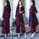 Set: Patterned Open-front Coat + Patterned Wide Leg Pants