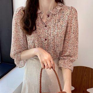 Bell-sleeve Button-up Floral Print Blouse